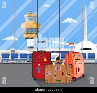 Valigie di viaggio all'interno dell'aeroporto con un aereo, Illustrazione Vettoriale