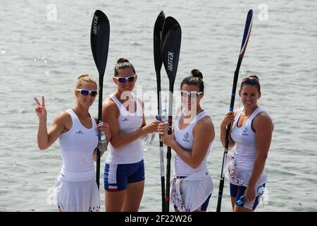 Sarah Guyot, Manon Hostens, Sarah Troel e Lea Jamelot dalla Francia competono in K4 Donne 500 m durante i Campionati del mondo 2017 ICF Canoe Sprint a Racice, Repubblica Ceca, giorno 5, 27 agosto 2017 - Foto Jean-Marie Hervio / KMSP / DPPI Foto Stock