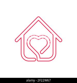 Immagine del design vettoriale dell'icona del logo Stay at Home. Concetto di design Home with Love Icon. Home con icone a forma di cuore mostra i messaggi "a casa" o "a casa" Illustrazione Vettoriale