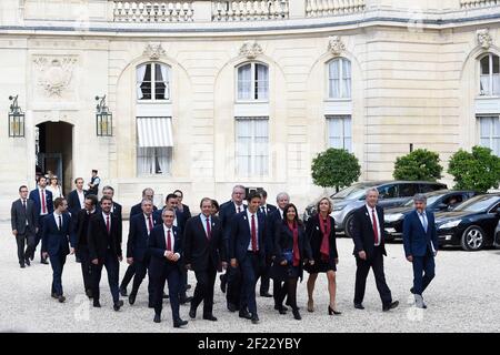 I copresidenti di Parigi 2024 Tony Estanguet e Bernard Lapasset, sindaco di Parigi Anne Hidalgo, presidente della regione Ile de France Valerie Pecresse e Guy Drut, membro del CIO, durante la ricezione in onore della delegazione francese Paris 2024, Elysée Palace, Parigi, 15 settembre 2017, Foto Jean-Marie Hervio / KMSP / PARIGI 2024 / DPPI Foto Stock