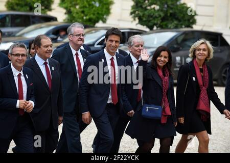 I copresidenti di Parigi 2024 Tony Estanguet e Bernard Lapasset, sindaco di Parigi Anne Hidalgo e presidente della regione Ile de France Valerie Pecresse, durante la ricezione in onore della delegazione francese Paris 2024, Palazzo dell'Eliseo, Parigi, 15 settembre 2017, Foto Jean-Marie Hervio / KMSP / PARIGI 2024 / DPPI Foto Stock