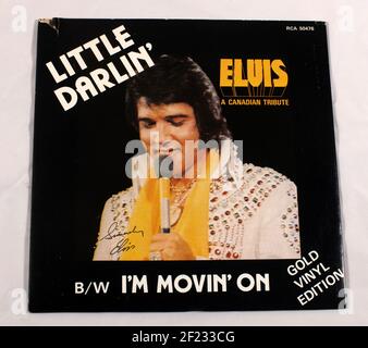 Copertina Elvis Presley singolo su pezzo da collezione in vinile oro 'Little Darlin'. Foto Stock