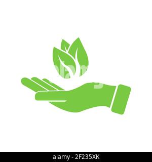 Mano con foglie verdi. Simbolo di protezione ambientale. Prodotto ecocompatibile. Vettore EPS 10 Illustrazione Vettoriale