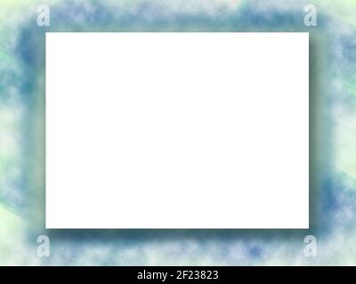 Cornice blu chiaro, gialla. Carta bianca su sfondo sfocato. Disegno di bordo di arte per i concetti di mock-up. Modello per cartolina, invito, banner Foto Stock