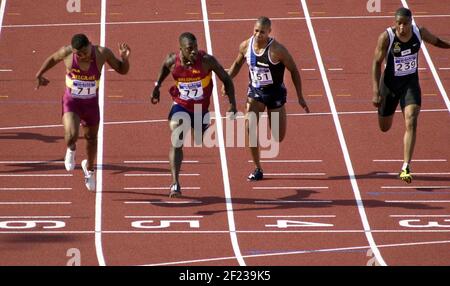 AGOSTO 2000 NORWICH UNION OLYMPIC TRIALS ALL'ALEXANDER STADIUM BIRMINGHAM 12/8/00. 100M MENS FINAL L-R , DERREN CAMPBELL, JASON GIARDINIERE, MARK LEWIS-FRANCIS, Foto Stock