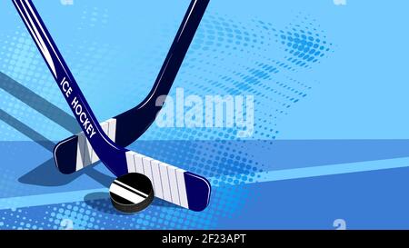 bastoncini incrociati per l'hockey su ghiaccio dietro il disco di gomma nera. Concorso sportivo. Lotta in un'arena di ghiaccio. Vettore sulla parte posteriore blu Illustrazione Vettoriale