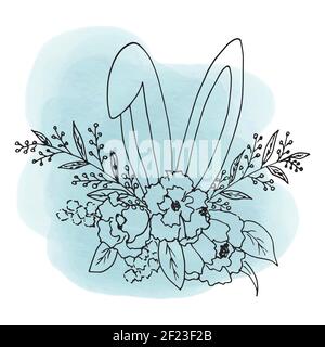 Schizzo di un bouquet pasquale di fiori e foglie con orecchie sporgenti di un coniglietto. L'illustrazione vettoriale nello stile del disegno manuale lineart isola un bl Illustrazione Vettoriale