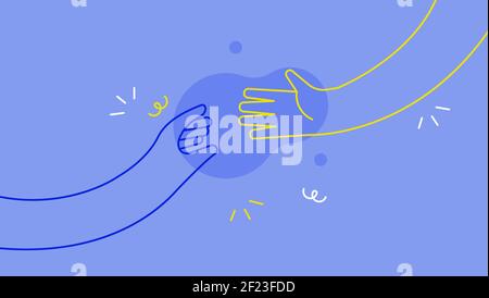 Le mani della gente che si raggiungono l'una per l'altra. Concetto di idea di lavoro di squadra aziendale o progettazione di aiuto sociale. Cartoni animati aziendali dallo stile moderno e piatto. Illustrazione Vettoriale