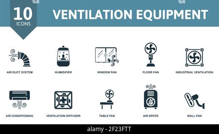 Set di icone delle apparecchiature di ventilazione. Contiene icone modificabili tema delle apparecchiature di ventilazione come umidificatore, ventilatore a pavimento, aria condizionata e molto altro. Illustrazione Vettoriale