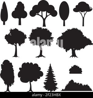 Set di vari alberi stilizzati in silhouette. Illustrazione Vettoriale