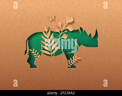 Rinoceronte verde animale papercut illustrazione con foglia di pianta tropicale. Carta riciclata texture rhino taglio concetto per la protezione della vita selvaggia, anti poa Illustrazione Vettoriale