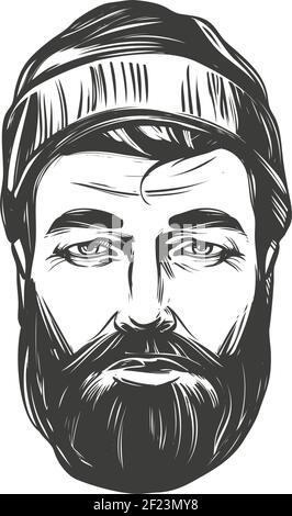 faccia di un uomo bearded in un cappello mano disegnata vettore illustrazione realistico schizzo. Illustrazione Vettoriale