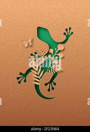 Geco verde isolato animale silhouette in papercut con foglia di pianta tropicale all'interno. Ritaglio della lucertola di carta riciclata. Conservazione della fauna selvatica, giungla p Illustrazione Vettoriale