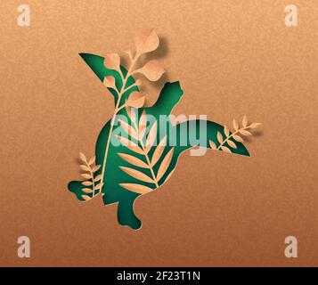 Tartaruga marina verde animale isolato silhouette in papercut con foglia di pianta tropicale all'interno. Ritaglio tartaruga di carta riciclata. Conservazione della fauna selvatica, c. Illustrazione Vettoriale