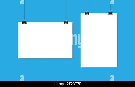 Fogli di carta bianca orizzontali e verticali appendono a clip e filettature su sfondo blu. Illustrazione vettoriale EPS 10 Illustrazione Vettoriale