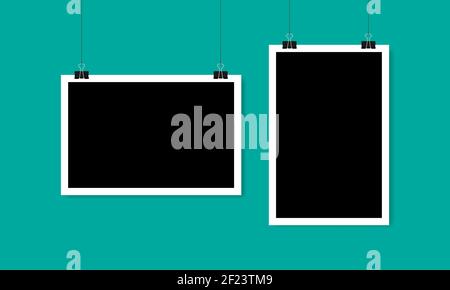 Cornice fotografica orizzontale e verticale vuota appesa a un clip. Illustrazione vettoriale EPS 10 Illustrazione Vettoriale