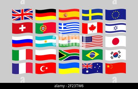 Insieme di bandiere popolari europee e americane che sventolano nel vento isolato su sfondo grigio. EPS vettoriale 10 Illustrazione Vettoriale