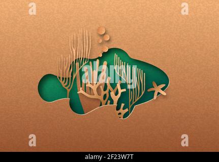 Pesce pagliaccio verde isolato silhouette in papercut con corallo tropicale all'interno. Ritaglio tartaruga di carta riciclata. Conservazione della fauna selvatica, oceano pr Illustrazione Vettoriale