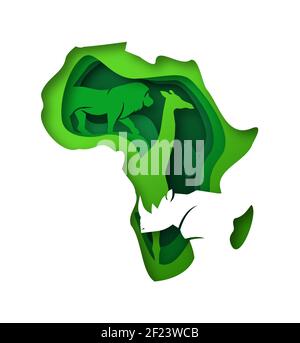 Illustrazione della mappa del continente africano verde in 3d realistico stile di taglio su carta con diversi animali selvatici. Africa eco safari concetto comprende giraffe, rinoc Illustrazione Vettoriale