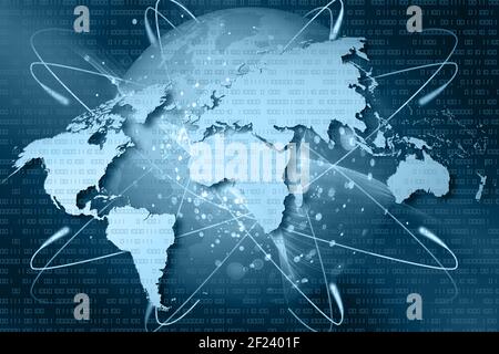 Illustrazione 3D. Visualizzazione digitale dello sfondo del mondo connesso con i sistemi informatici. Computer, internet e reti collegano ogni parte del globo Foto Stock