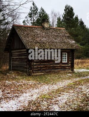 Sauna legno casa di tronchi nel bosco in inverno. Legno marroncino. Foglie arancioni d'autunno e un po' di neve sulla strada si possono vedere sulla strada. Foto Stock