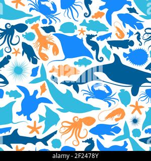 Icona animale di acqua selvaggia illustrazione senza cuciture modello. Animali marini blu silhouette sfondo per il concetto di diversità di vita marina acquatica o barriera corallina p Illustrazione Vettoriale