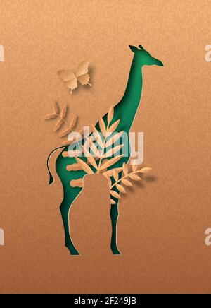 Giraffa verde isolato animale silhouette in papercut con foglia di pianta tropicale all'interno. Carta riciclata texture taglio concetto per africa safari, fauna selvatica c Illustrazione Vettoriale