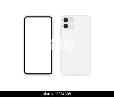 Nuovo smartphone modello 2019 con schermo vuoto. Smartphone modello 11 in mockup color argento. Vettore EPS 10 Illustrazione Vettoriale