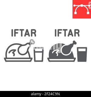 Linea IFTAR e icona glifo, Happy Ramadan e religione, cibo di pollo con icona vettore d'acqua, grafica vettoriale, segno tratto modificabile, eps 10. Illustrazione Vettoriale