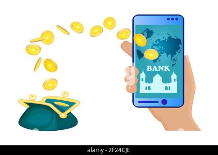 Portafoglio, monete e smartphone con tenuta a mano isolati su sfondo bianco.concetto di trasferimento di denaro, pagamento online, Internet banking.illustrazione vettoriale Illustrazione Vettoriale