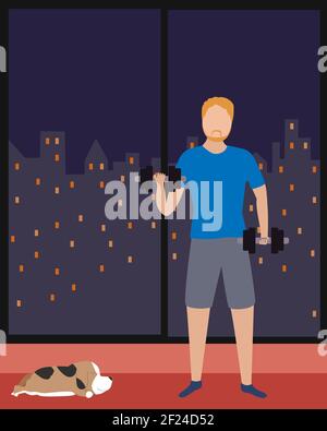 Giovane uomo sano e in forma che fa esercizi con manubri a casa. Allenamento atletico maschile sollevamento pesi e bodybuilding al chiuso in soggiorno. Vettore Illustrazione Vettoriale