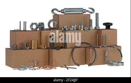 Diversi tipi di bulloni metallici, dadi, viti, ganci e rondelle. Dispositivi di fissaggio e attrezzi per bulloneria su tavolo, con scatole. Foto Stock