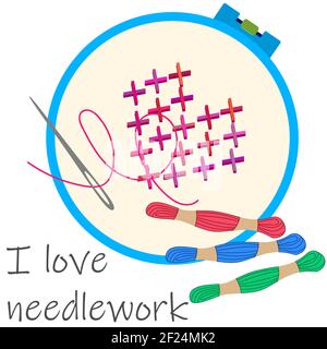 Ricamo a cerchio. Amo il lavoro di bisogno. Vettore EPS 10 su sfondo bianco. Illustrazione Vettoriale