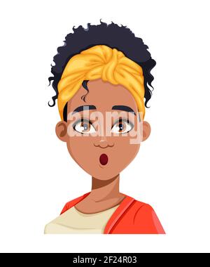 Espressione facciale della giovane donna afroamericana, sorpresa. Diverse emozioni femminili. Bellissimo carattere cartoon in stile piatto. Vettore stock ill Illustrazione Vettoriale