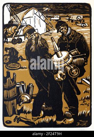 I primi ingegneri dell'aviazione riparano gli aerei aerei di un aereo aereo aereo in aeroporto o in aeroporto. Vintage Wood Block Print, Woodcut Print o Wood Engraving di Maurice Busset 1925 Foto Stock