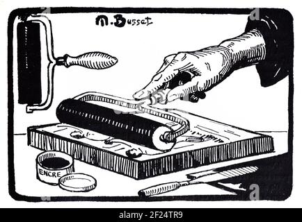 Strumenti per l'incisione del legno, tra cui sgorbie, scalpelli, coltelli e  un incisore o un incisore. Vintage woodblock Print or Woodcut di Maurice  Busset c1925 Foto stock - Alamy