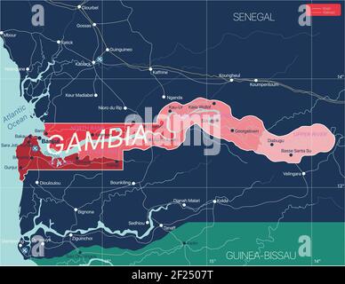 Paese Gambia Mappa dettagliata modificabile con regioni città e città, strade e ferrovie, siti geografici. File vettoriale EPS-10 Illustrazione Vettoriale