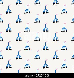 Semplice motivo senza cuciture con moderne bacche nere su un gambo blu con una foglia rosa. Illustrazione Vettoriale