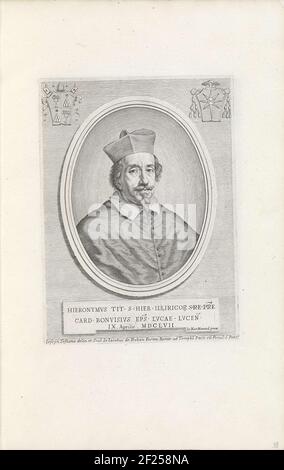 Portret van kardinaal Girolamo Buonvisi; Effigies Namina et Cognomina S.D.N. Alexandri Papae VII e RR. GG. SRE. Cardd (...)..Ritratto del Cardinale Girolamo Buonvisi. In alto a sinistra lo stemma di Papa Alessandro VII e in alto a destra l'arma del cardinale. In fondo ad una didascalia in latino. La stampa fa parte di un album. Foto Stock