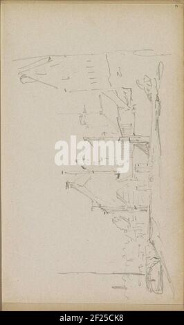 Stadsgezicht aan het Water.Cityscape con una nave a vela in acqua sulla sinistra. Foglia 14 recto da un libro di schizzi con 69 fogli prodotti nella zona di ​​Delft, Rotterdam, Oudewater e Harlingen. Foto Stock