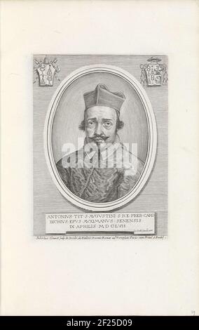 Portret van kardinaal Antonio Bichi; Effigies Namina et Cognomina S.D.N. Alexandri Papae VII e RR. GG. SRE. Cardd (...)..Ritratto del Cardinale Antonio Bichi. In alto a sinistra lo stemma di Papa Alessandro VII e in alto a destra l'arma del cardinale. In fondo ad una didascalia in latino. La stampa fa parte di un album. Foto Stock
