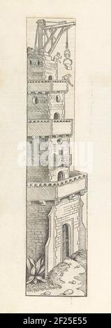 Bouw van de toren van Babel; Liber Chronicarum.Babel torre in costruzione. Due uomini guidano un blocco di costruzione che è tirato in su usando un rubinetto. La stampa fa parte di un album. Foto Stock