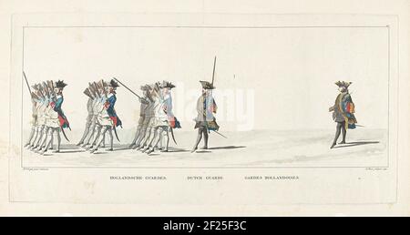 Corpse of Willem IV, 1752, Plate 10; Hollandsche Guardes; Lyk-staetsie di Zyne Brilliant highness The Lord Willem [IV] Carel Hendrik Friso, Prince of Orange e Nassau (...) tenuto nel IV febbraio 1752. Nel margine la didascalia in olandese, francese e inglese. Parte di una serie di 41 tavole della Processione Funeraria o Stadholder Willem IV a Delft il 4 febbraio 1752. Numerato in alto a destra: 10. Foto Stock