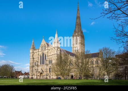 Vista esterna della Cattedrale di Salisbury Foto Stock