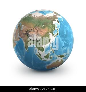 Pianeta Terra globo, isolato su bianco. Geografia del mondo dallo spazio, focalizzata sull'Asia - illustrazione 3D, elementi di questa immagine fornita dalla NASA. Foto Stock