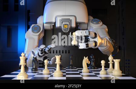 Robot industriale sci-Fi che gioca un gioco di scacchi con se stesso. Illustrazione 3D Foto Stock