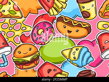 Modello senza cuciture con carino kawaii pasto fast food. Illustrazione Vettoriale