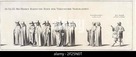 De begrafenisstoet van Frederik Hendrik (passera nr. 26), 1647; De begrafenistoet van stadhouder Frederik Hendrik te 's-Gravenhage nel 1647. La processione funeraria dello Stadholder Frederik Hendrik in 's-Gravenhage il 10 maggio 1647. La targa n. 26 con una parte della processione con i membri degli Stati generali, sopra le persone è la loro funzione. Parte di una serie di 30 piastre e 20 fogli di testo, destinati ad essere attaccati insieme. Foto Stock