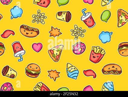 Modello senza cuciture con carino kawaii pasto fast food. Illustrazione Vettoriale