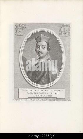 Portret van kardinaal Luigi Omodei; Effigies Namina et Cognomina S.D.N. Alexandri Papae VII e RR. GG. SRE. Cardd (...)..Ritratto del Cardinale Luigi Omodei. In alto a sinistra lo stemma di Papa Innocenzo X e in alto a destra l'arma di Omodei. In fondo ad una didascalia in latino. La stampa fa parte di un album. Foto Stock